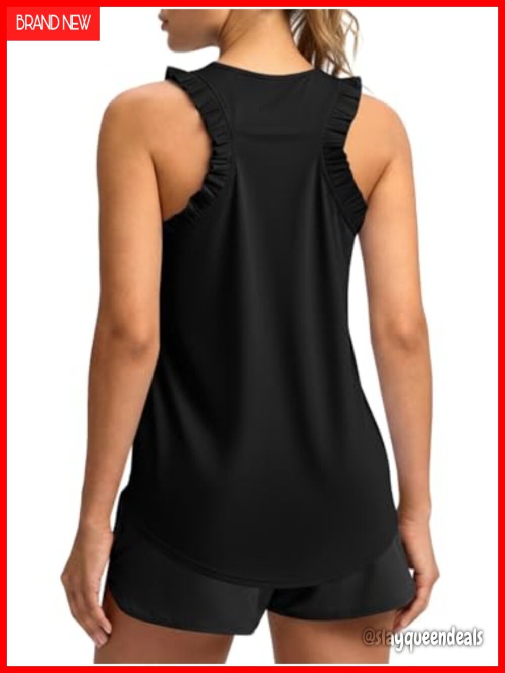 Women Ruffle Sleeveless Athletic Tank Top Loose Fit Crewneck Racerback Curved